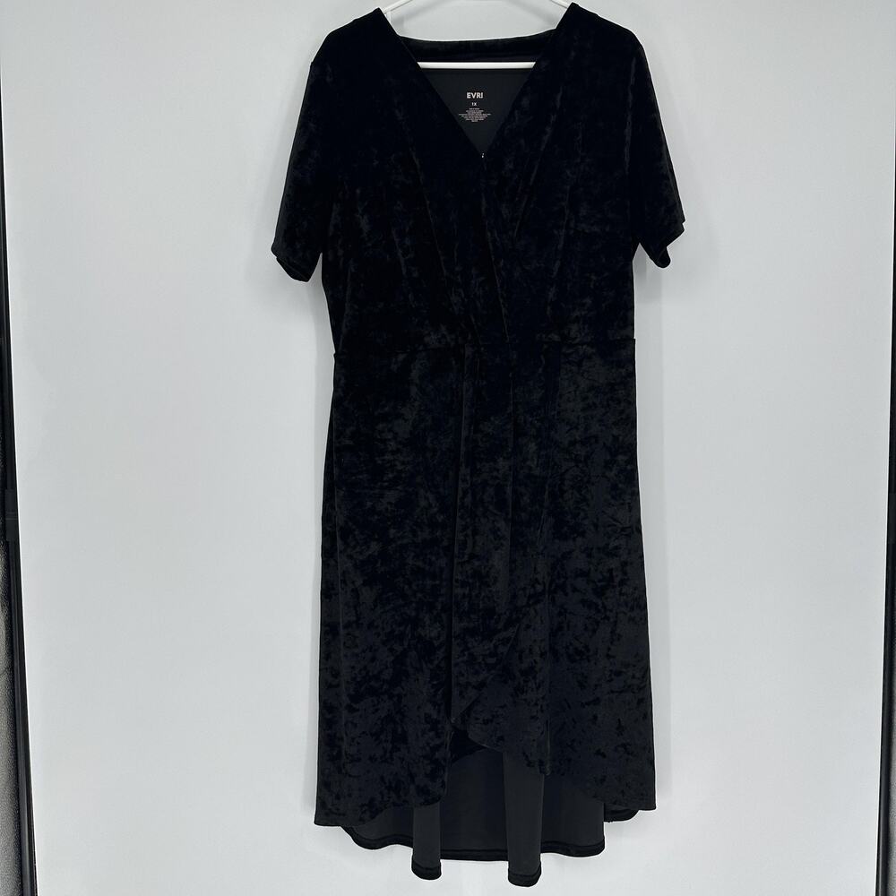EVRI Dress Womens 1X Black Crushed Velvet Wrap Midi Short Sleeve Party Evening